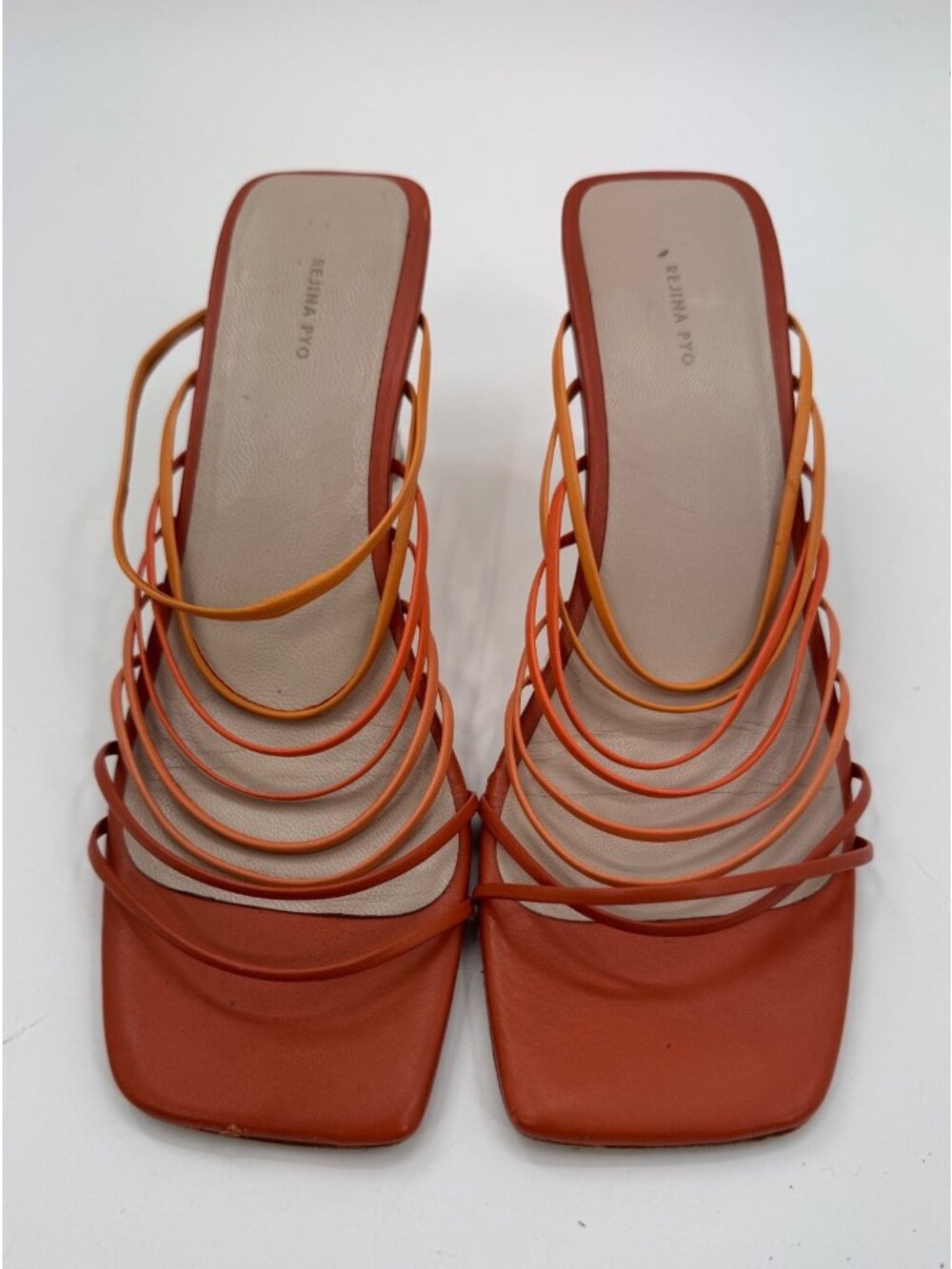 Rejina Pyo Orange Leather Strappy Mule Sandals Clear Lucite Block Heels Size 8 / - Picture 2 of 16